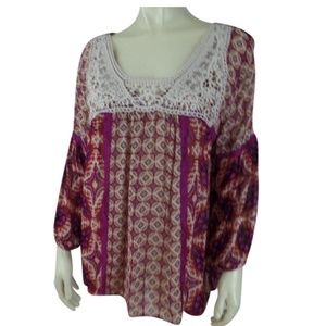 Bila Blouse Top L New Fuschia Rayon Sheer Boho